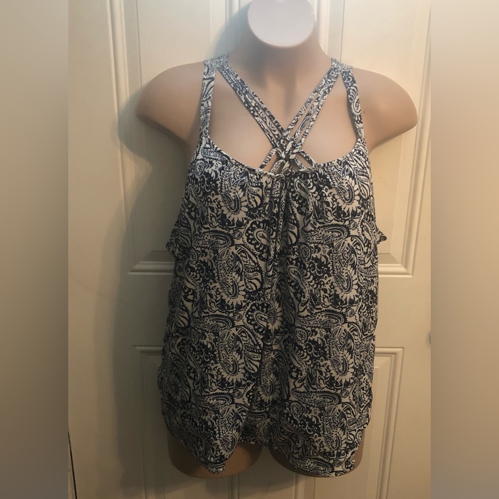 Avenue (Studio) Blue & White Paisley Tank Top with Crossing Straps Plus Size